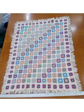VTG  Crochet Afghan Multicolor Granny Squares W/ Fringe Edges 66" X 51" #D12